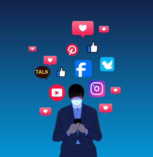 한남자가 폰을 보고 있고 그위에 sns 로고들이 보인다.