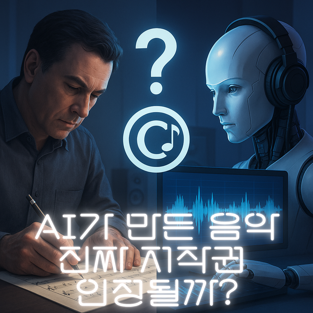 왼쪽 사람이 악보를 적고있꼬 오른쪽에 안드로이드가 뭔가를 치는 모습. 아래에텍스트"AI가 만든 음악 진짜 저작권 인정될까?"